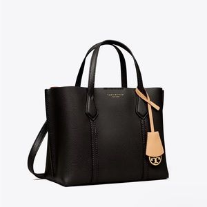 Black Tory Burch Small Perry Compartment Tote Bag with Brown Interior